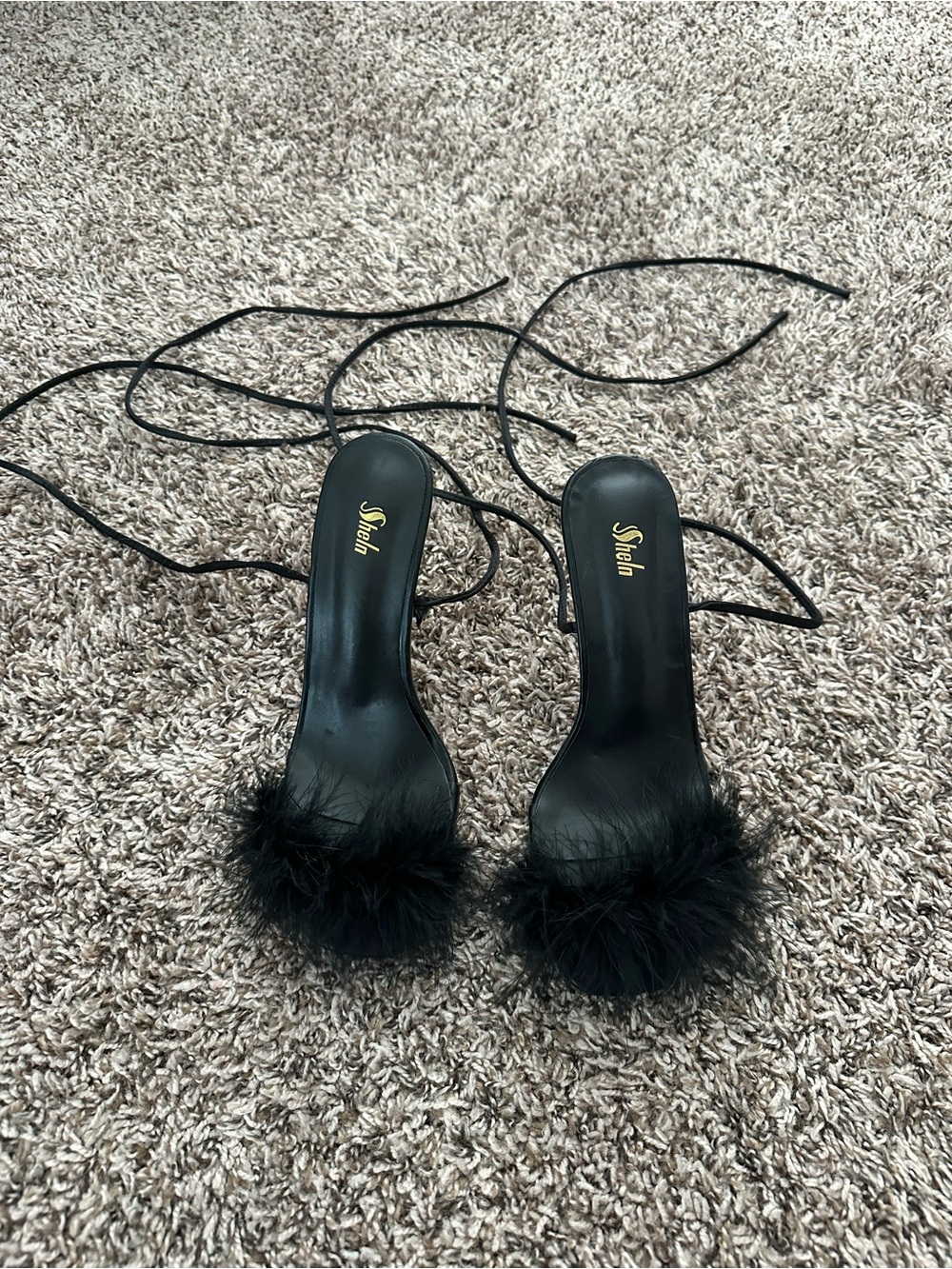 SHEIN Black Feather Tie-Ankle Stiletto Sandals